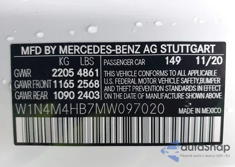 2021 Mercedes-Benz Glb 250 4Matic from USA, damaged, VIN W1N4M4HB7MW097020